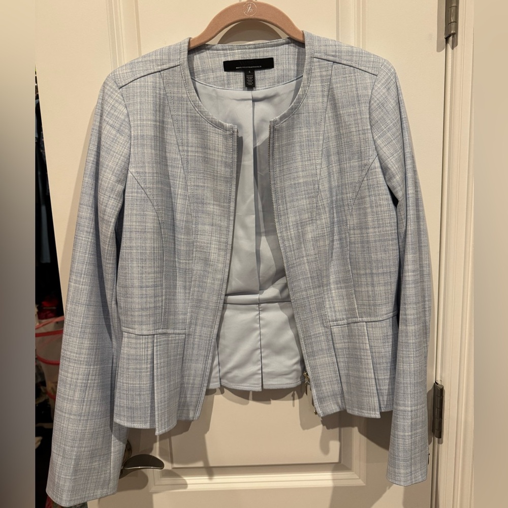 White House Black Market Light Blue Plaid Collarless Blazer
